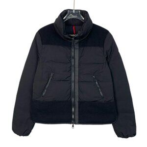 Moncler Womens Black Puffer Jacket With Wool Accents & Logo Patch